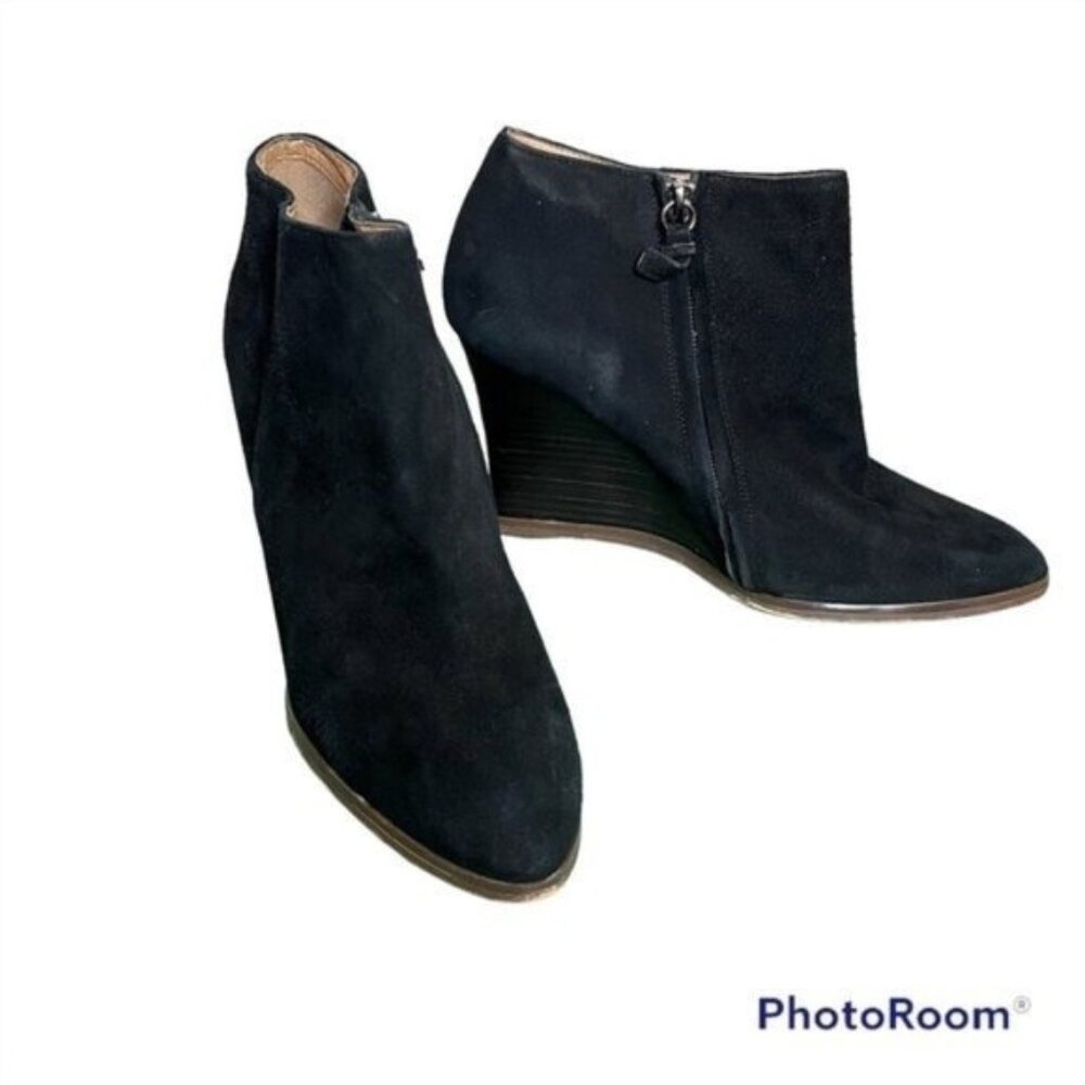Black Suede Wedge Ankle Boots Side Zip Almond Toe Booties RN 58665 Size 9M